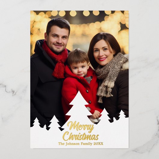 エレガントクリスマスツリーズ家族の写真金ゴールド 箔シーズンカード (正面)