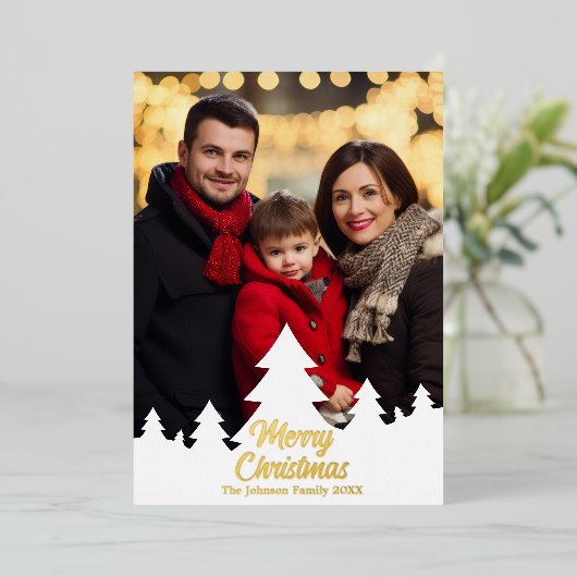 エレガントクリスマスツリーズ家族の写真金ゴールド 箔シーズンカード (立ち正面)