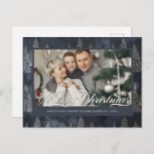 エレガントクリスマスツリーダークブルー家族の写真 シーズンポストカード (正面/裏面)