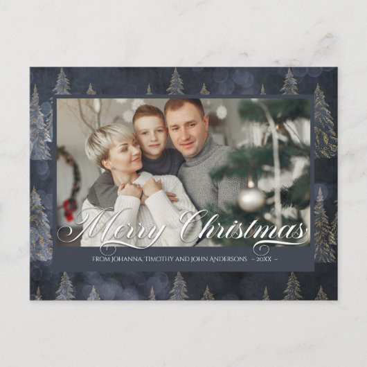 エレガントクリスマスツリーダークブルー家族の写真 シーズンポストカード (正面)