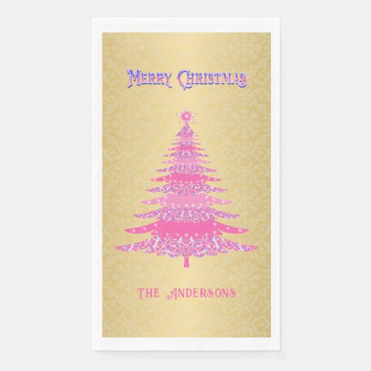 エレガントクリスマスツリーピンク金ゴールド名オーナメント (正面)