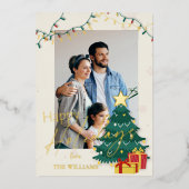 エレガントクリスマスツリーフォトハッピー休日 箔シーズンカード (正面)