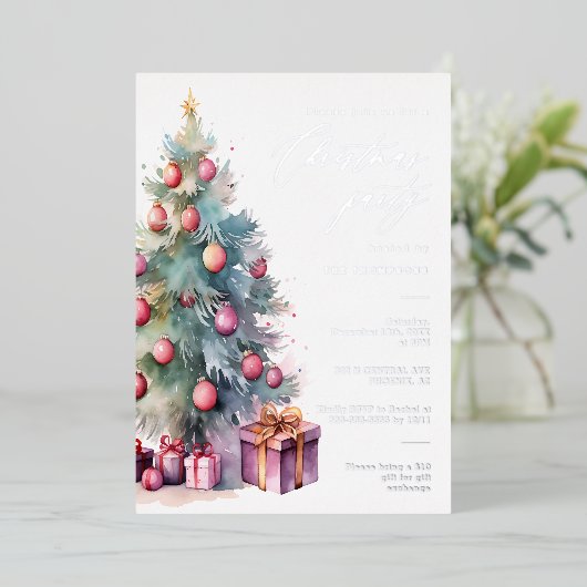 エレガントクリスマスツリーホリデーパーティーシルバー 箔招待状 (立ち正面)