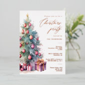 エレガントクリスマスツリーホリデーパーティーバラ金ゴールド 箔招待状 (立ち正面)