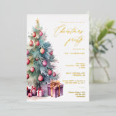 エレガントクリスマスツリーホリデーパーティー金ゴールド 箔招待状 (立ち正面)