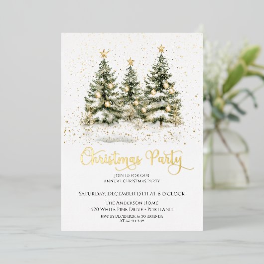 エレガントクリスマスツリーホリデーパーティー 箔招待状 (立ち正面)