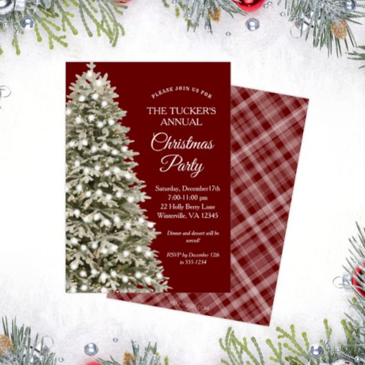 エレガントクリスマスツリーレッドプレイドクリスマスパーティー 招待状