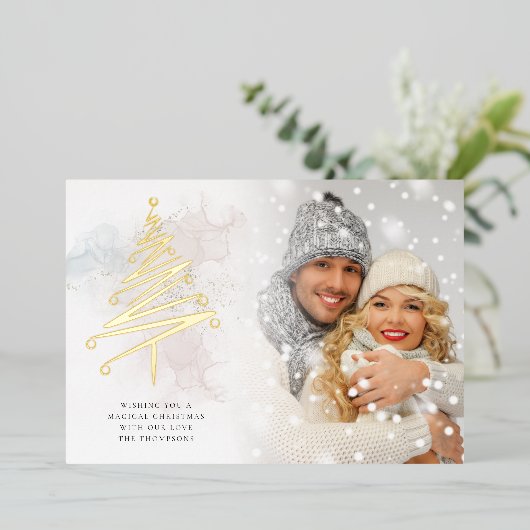 エレガントクリスマスツリー写真の水の色実在 箔シーズンカード (立ち正面)