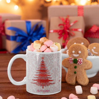 エレガントクリスマスツリー赤い雪パーソナライズされた片 コーヒーマグカップ