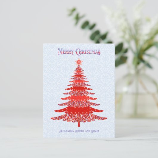 エレガントクリスマスツリー赤パーソナライズされた青 シーズンポストカード (スタンド正面)