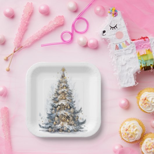 エレガントクリスマスツリー金ゴールドオーナメント雪 ペーパープレート (パーティー)