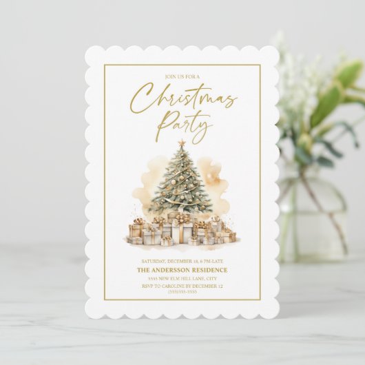 エレガントクリスマスツリー金ゴールドホワイトギフトパーティー 招待状 (スタンド正面)