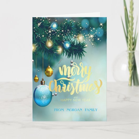 エレガントクリスマスツリー，ボール，星 シーズンカード (正面)