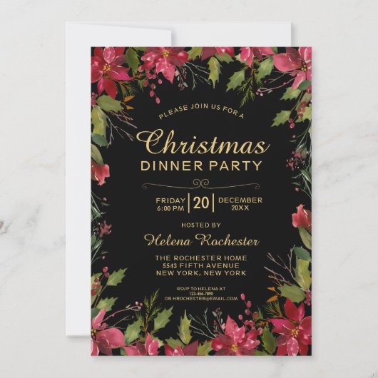 エレガントクリスマスディナーパーティーかわいらしポインセッタ 招待状 (正面)