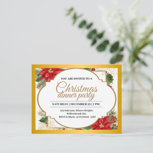 エレガントクリスマスディナーパーティー金ゴールド&ポインセチア 招待状 (スタンド正面)