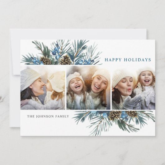 エレガントクリスマスパインコーン3フォトグリーティング シーズンカード (正面)