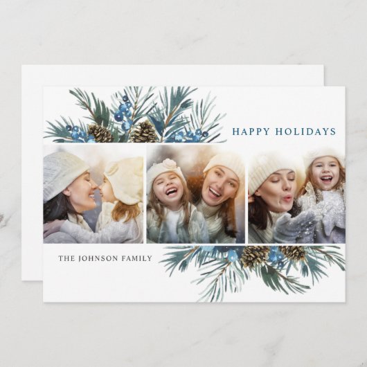 エレガントクリスマスパインコーン3フォトグリーティング シーズンカード (正面/裏面)