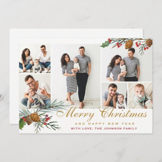 エレガントクリスマスパインコーン6フォトグリーティング シーズンカード (正面/裏面)