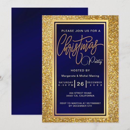 エレガントクリスマスパーティースパークルゴールデングリッター 招待状 (正面/裏面)