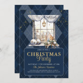エレガントクリスマスパーティーネイビープレイド金ゴールドグリッター 招待状 (正面/裏面)