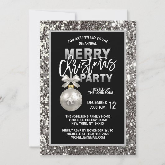 エレガントクリスマスパーティーブラックシルバーグリッター 招待状 (正面)
