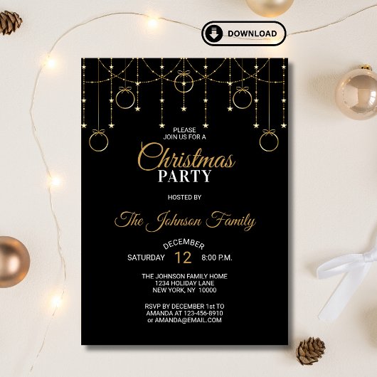 エレガントクリスマスパーティーブラック金ゴールドグリッター星 招待状