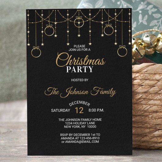 エレガントクリスマスパーティーブラック金ゴールドグリッター星 招待状
