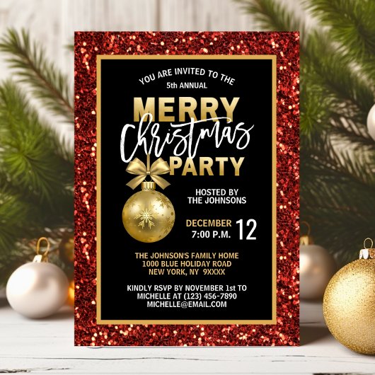 エレガントクリスマスパーティーブラック金ゴールドレッドグリッター 招待状