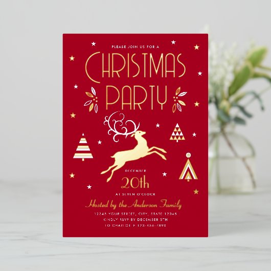 エレガントクリスマスパーティー深いレッドフォイル招待状 箔シーズンカード (立ち正面)