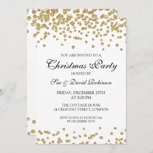 エレガントクリスマスパーティー金ゴールドグリッター紙吹雪 招待状 (正面/裏面)