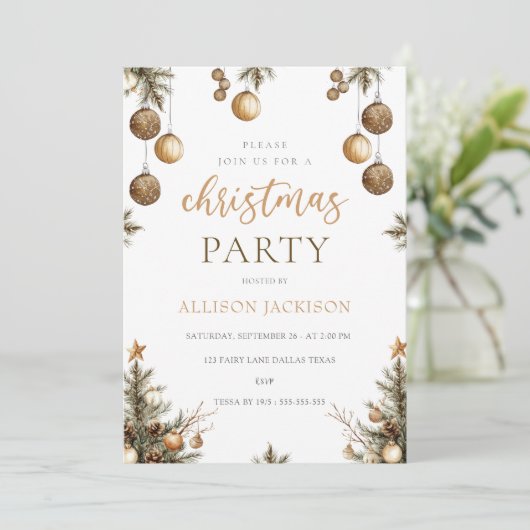 エレガントクリスマスパーティー金ゴールド水彩グリッター 招待状 (スタンド正面)