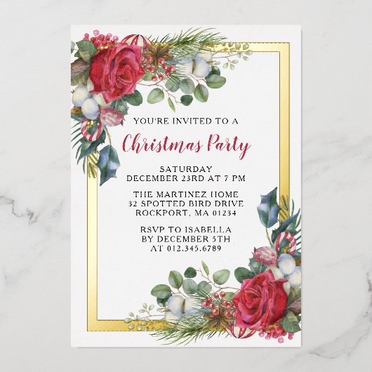 エレガントクリスマスパーティー金ゴールド 箔招待状 (正面)