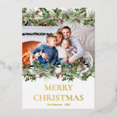 エレガントクリスマスフォトウォーターカラー緑の金ゴールド 箔シーズンカード (正面)