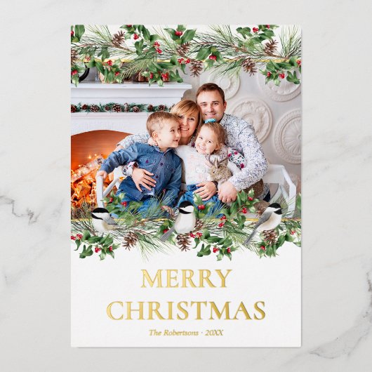 エレガントクリスマスフォトウォーターカラー緑の金ゴールド 箔シーズンカード (正面)