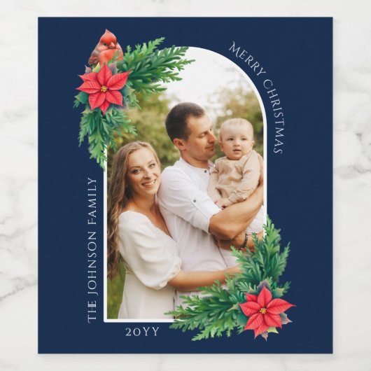 エレガントクリスマスフォトカード冬の緑 ワインラベル (シングルラベル)