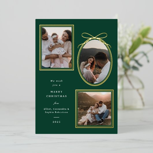 エレガントクリスマスフォトカード | 3枚の写真レイアウト 箔シーズンカード (立ち正面)