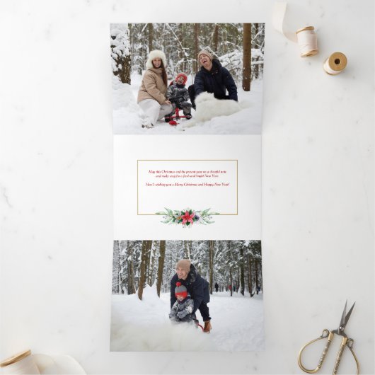 エレガントクリスマスフローラと書道写真 三つ折りクリスマスカード (内部)