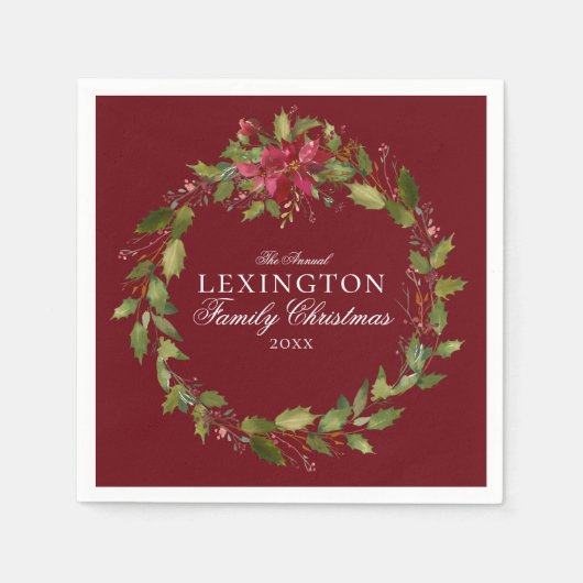 エレガントクリスマスフローラホリーリース スタンダードカクテルナプキン (正面)