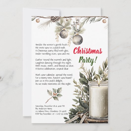 エレガントクリスマスホリデーキャンドルパーティの招待状 案内状 (正面)