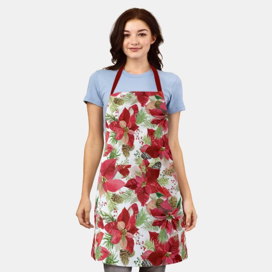 エレガントクリスマスホリデーポインセチアパインコーン エプロン (着用した状態)