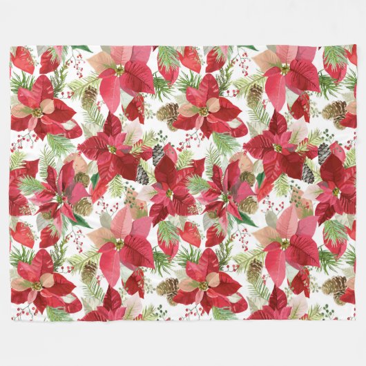 エレガントクリスマスホリデーポインセチアパインコーン フリースブランケット (正面(横))