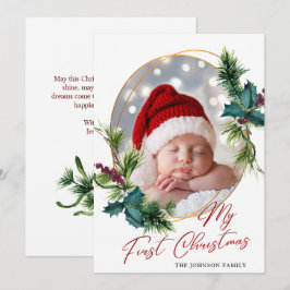 エレガントクリスマスホリーパイン写真ホリデーカード シーズンカード