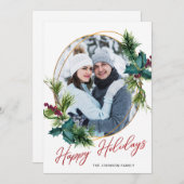 エレガントクリスマスホリーパイン写真ホリデーカード シーズンカード (正面/裏面)