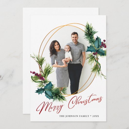 エレガントクリスマスホリーパイン写真ホリデーカード シーズンカード (正面/裏面)