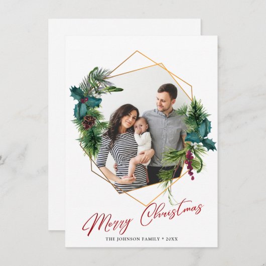 エレガントクリスマスホリーパイン写真ホリデーカード シーズンカード (正面/裏面)