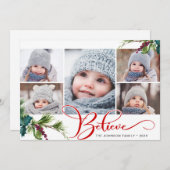 エレガントクリスマスホリーパイン5フォトホリデーカード シーズンカード (正面/裏面)