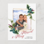 エレガントクリスマスホリー松フレームの写真グリーティング ポストカード (正面)