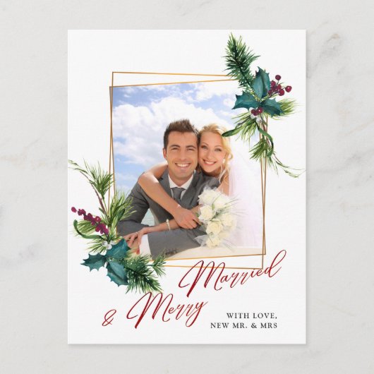 エレガントクリスマスホリー松フレームの写真グリーティング ポストカード (正面)