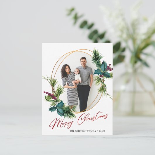 エレガントクリスマスホリー松フレームの写真グリーティング ポストカード (スタンド正面)