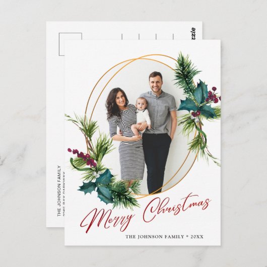 エレガントクリスマスホリー松フレームの写真グリーティング ポストカード (正面/裏面)